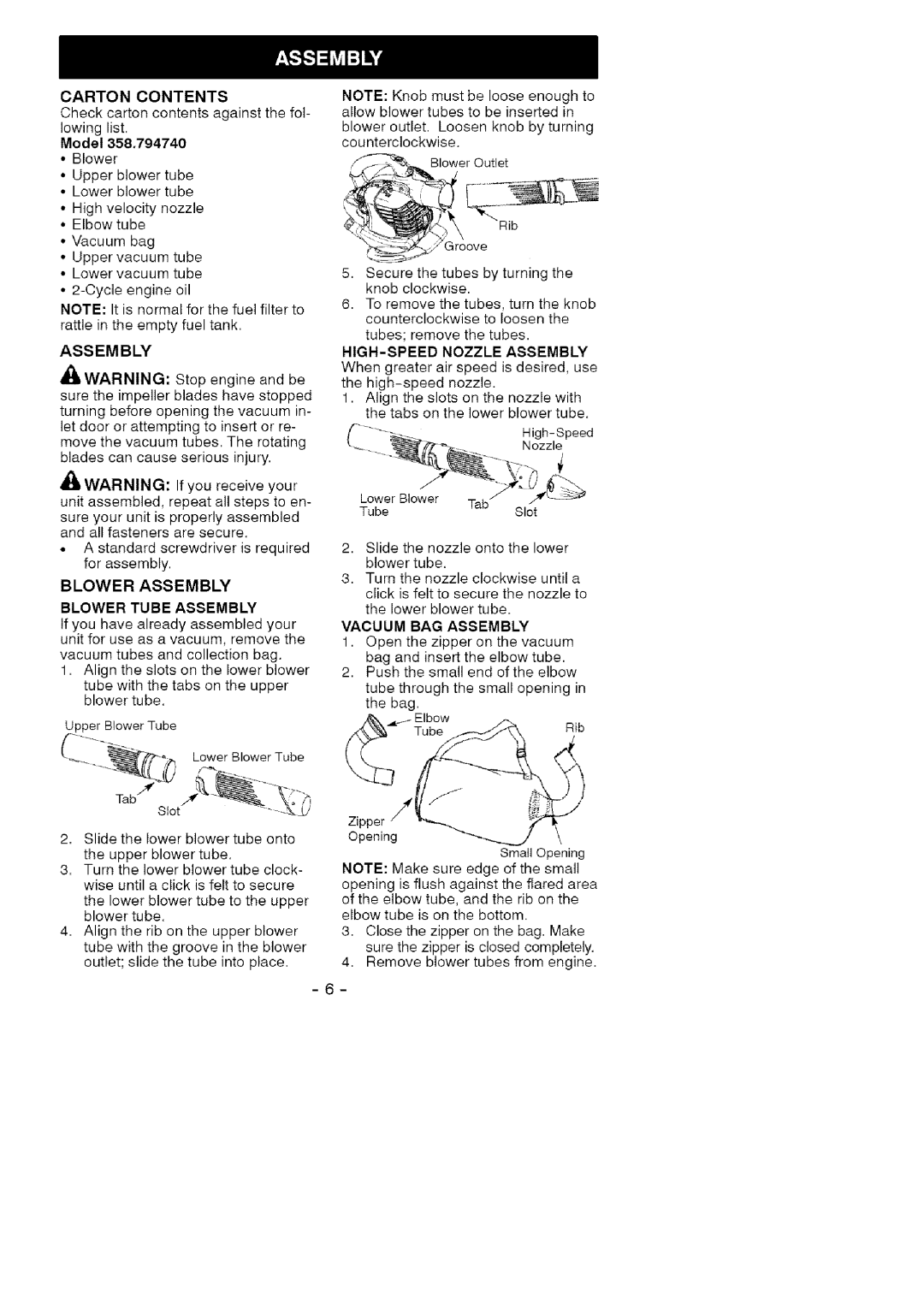 Craftsman 358.79474 manual Carton Contents, Blower Assembly Blower Tube Assembly, HIGH-SPEED Nozzle Assembly 