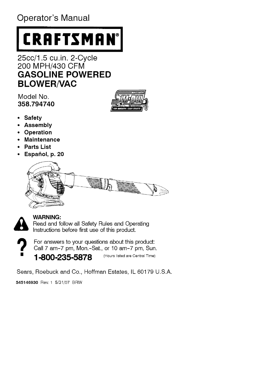 Craftsman manual Jcrfiftsmiini, Operators Manual, Gasoline Powered Blowernac, Model No, 358.794740 