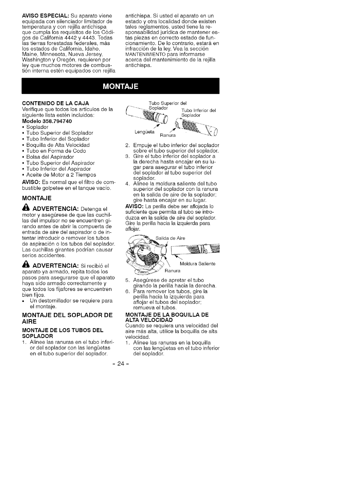 Craftsman 358.79474 manual Modelo, ADVERTENClA, Si recibi6 el, Montaje Del Soplador De Aire 