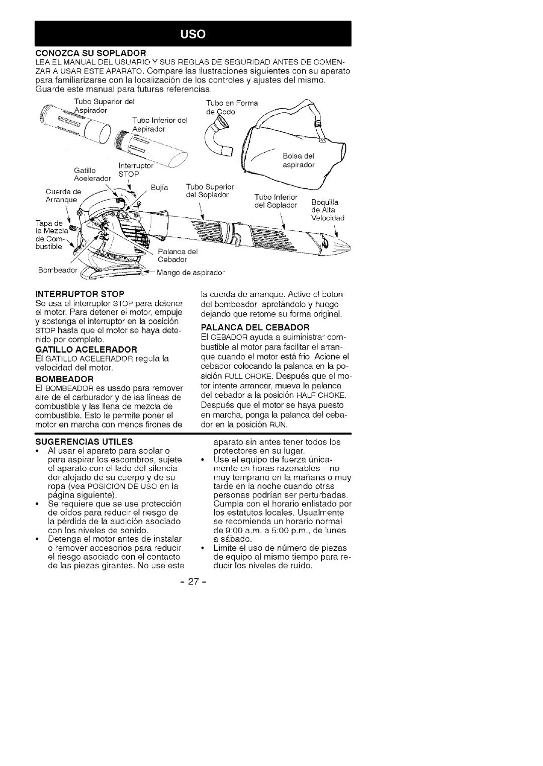 Craftsman 358.79474 manual Sugerencias Utiles, Palanca Del Cebador 