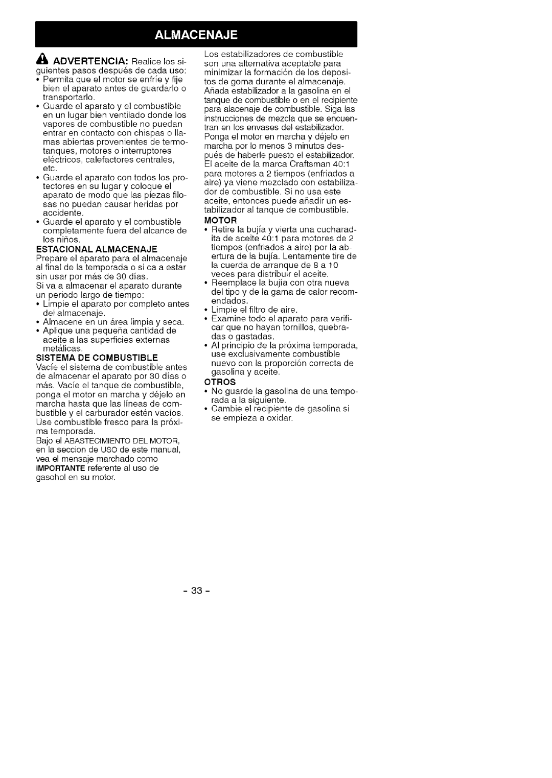 Craftsman 358.79474 manual Estacional Almacenaje, Sistema De Combustible, Motor 