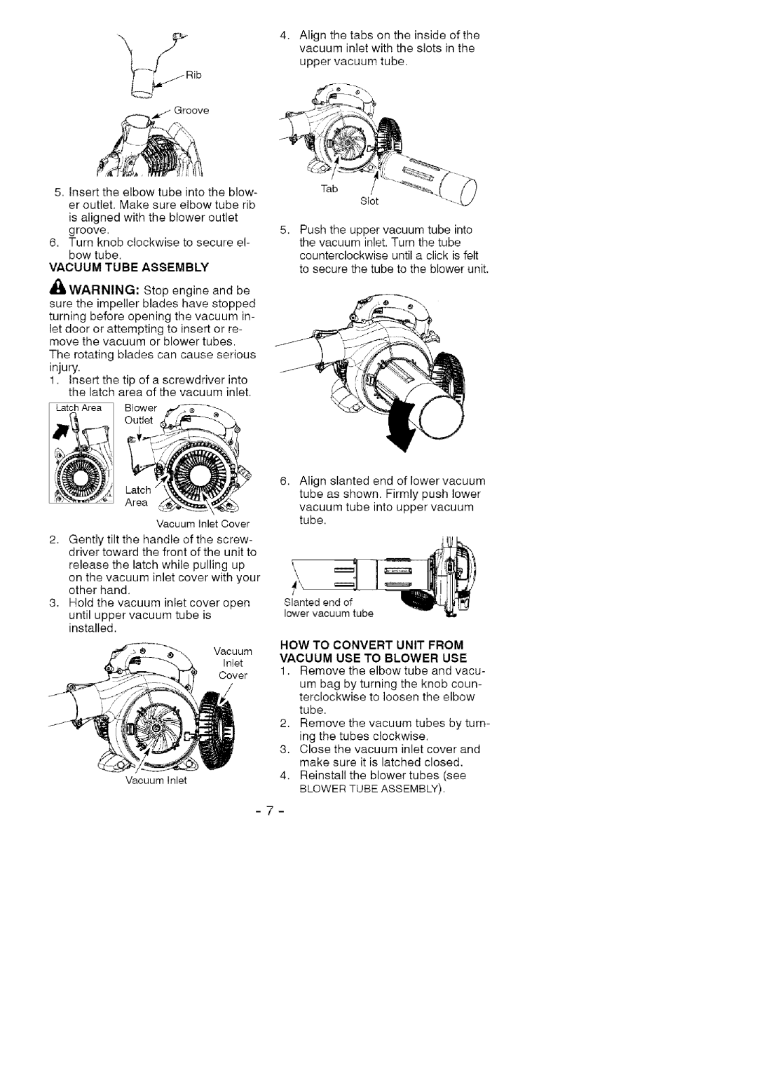 Craftsman 358.79474 manual Vacuum Tube Assembly, How To Convert Unit From Vacuum Use To Blower Use 