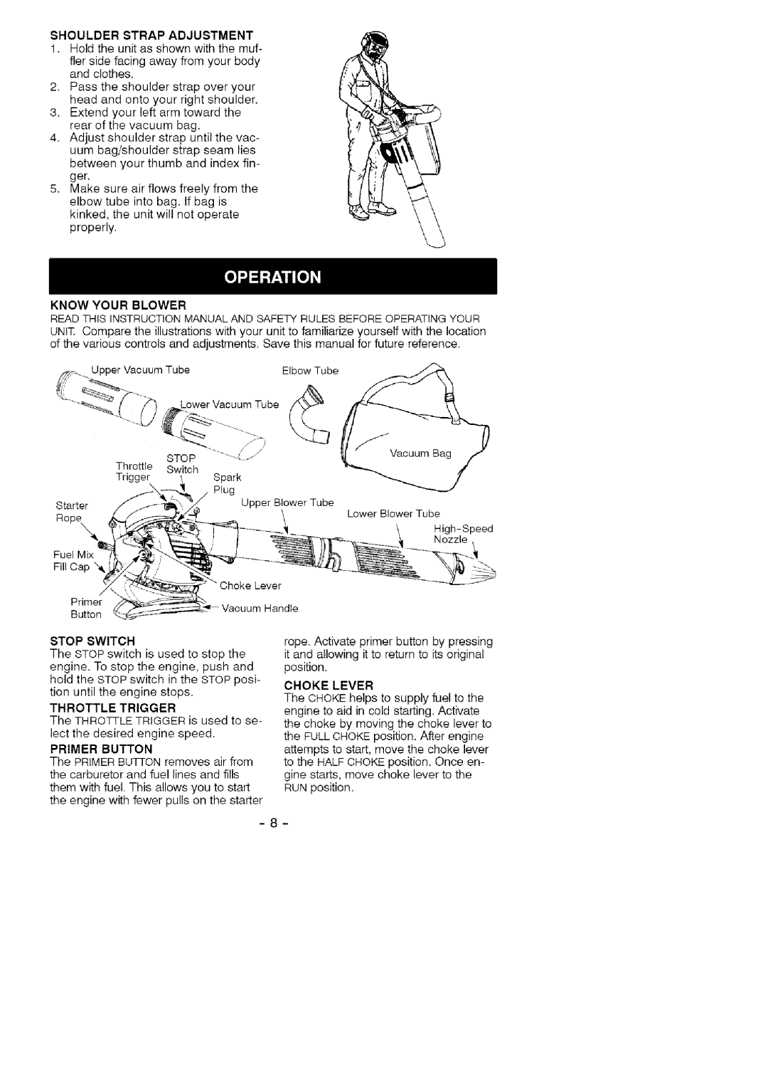 Craftsman 358.79474 manual Shoulder Strap Adjustment, Stop Switch, Choke Lever 