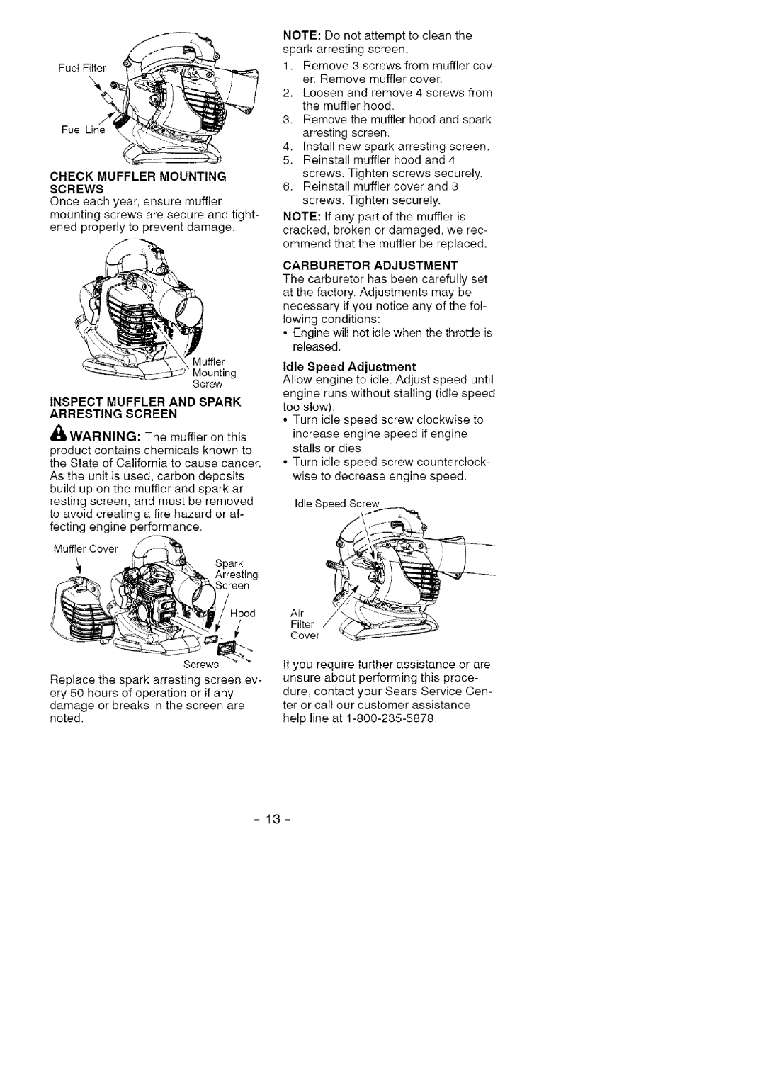 Craftsman 358.794740 Check Muffler Mounting Screws, Inspect Muffler and Spark Arresting Screen, Carburetor Adjustment 