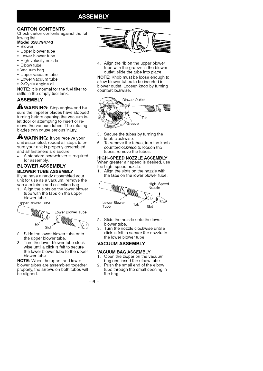 Craftsman 358.794740 manual Carton Contents, Blower Assembly Blower Tube Assembly, HIGH-SPEED Nozzle Assembly 