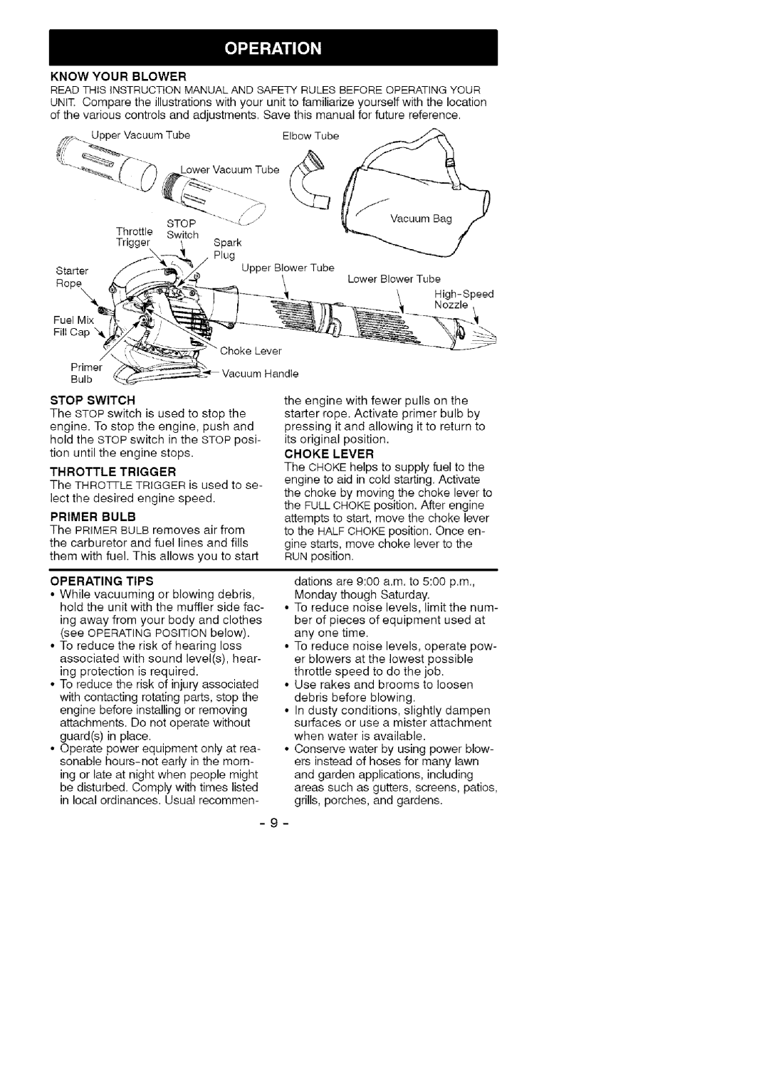 Craftsman 358.794740 manual Know Your Blower, Lever, Bulb, Operating Tips 