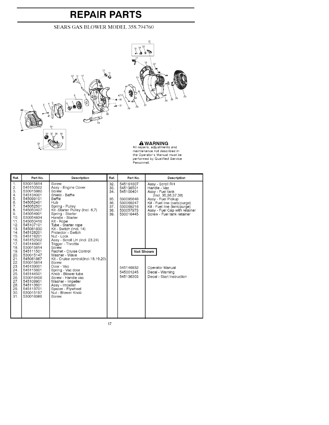 Craftsman 358.79476 manual Repair Parts 