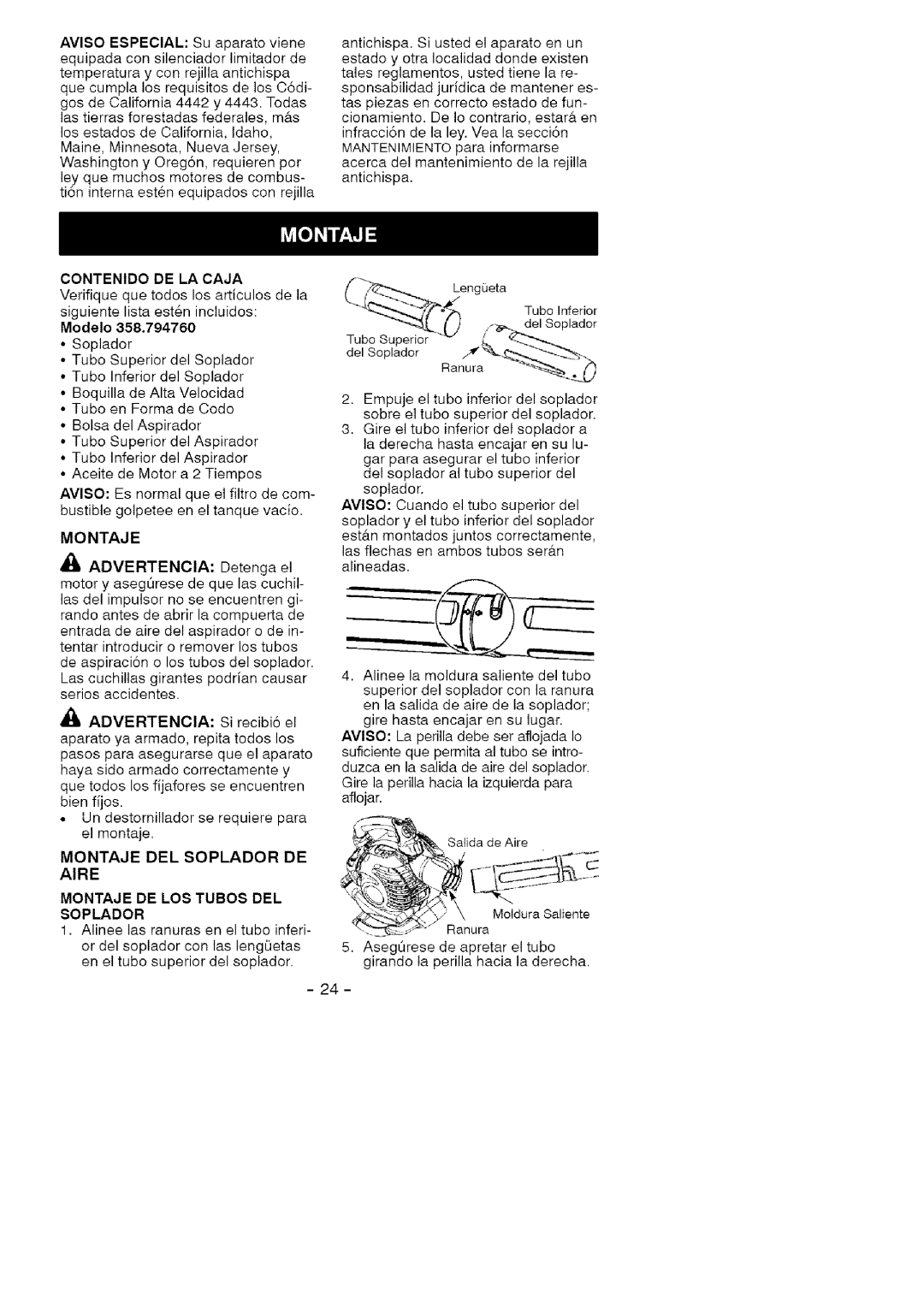 Craftsman 358.79476 manual Modelo, Montaje DE LOS Tubos DEL Soplador 