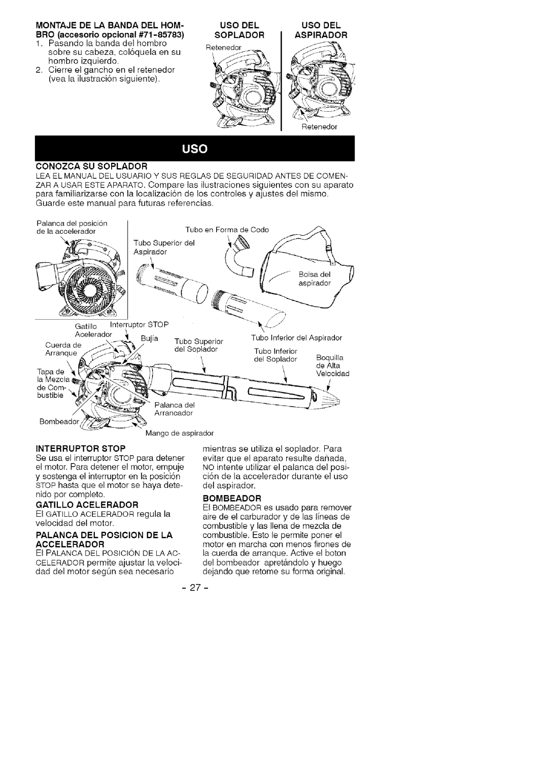 Craftsman 358.79476 manual Montaje DE LA Banda DEL HOM USO DEL, Soplador Aspirador, Conozca SU Soplador, Bombeador 