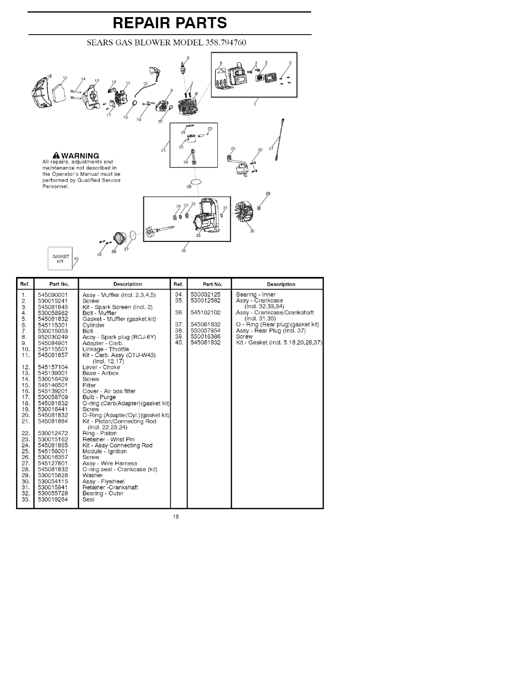 Craftsman 358.79476 manual Repair Parts, =/=F=¢ z, Sears Gas Blower Model, _Lwarning 