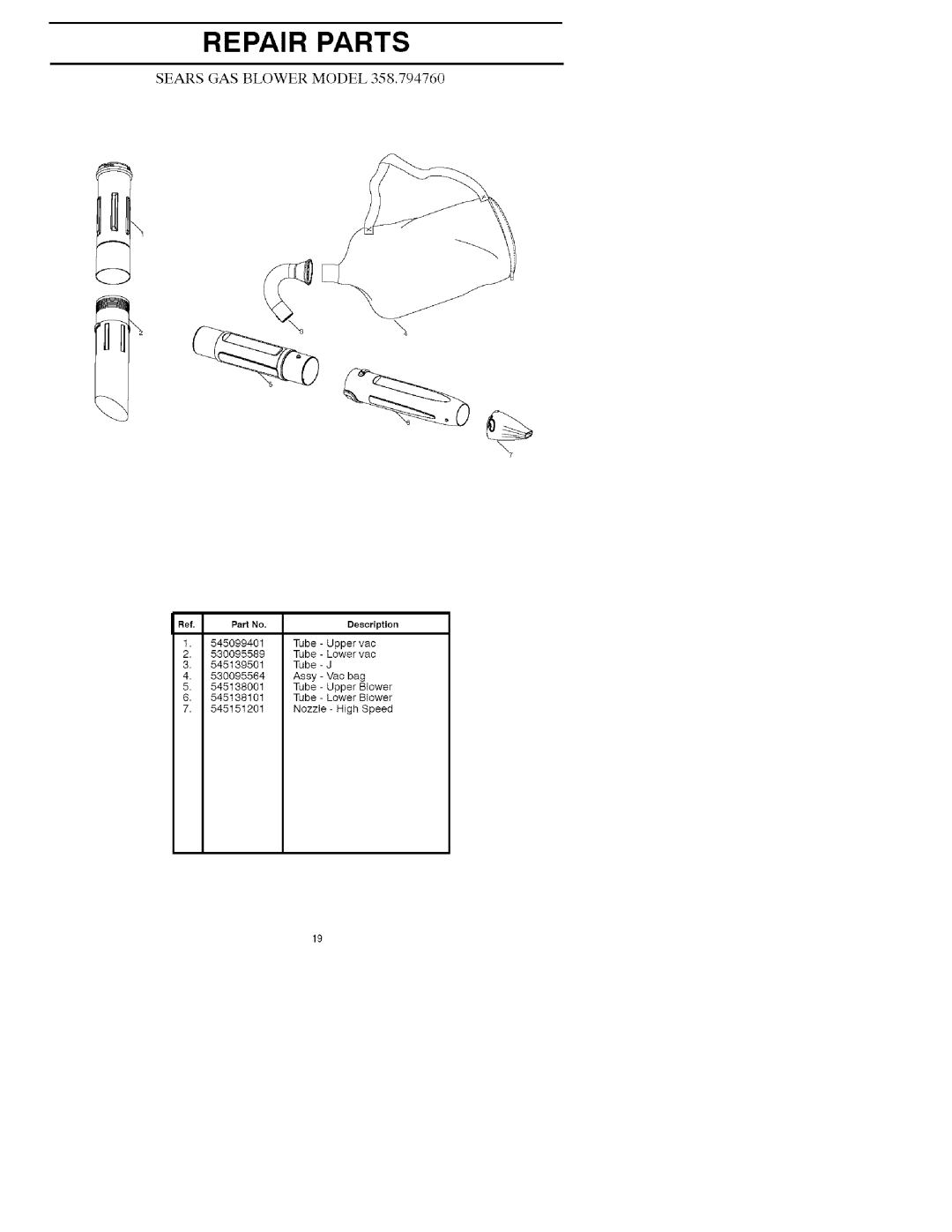 Craftsman 358.79476 manual Repair Parts, Sears Gas Blower Model, I Ref, Part No, Description 