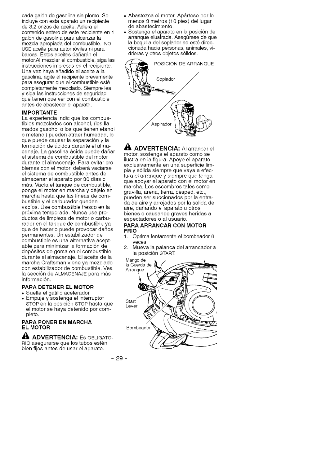 Craftsman 358.79476 manual Importante, Para Detener El Motor, Para Poner En Marcha El Motor 