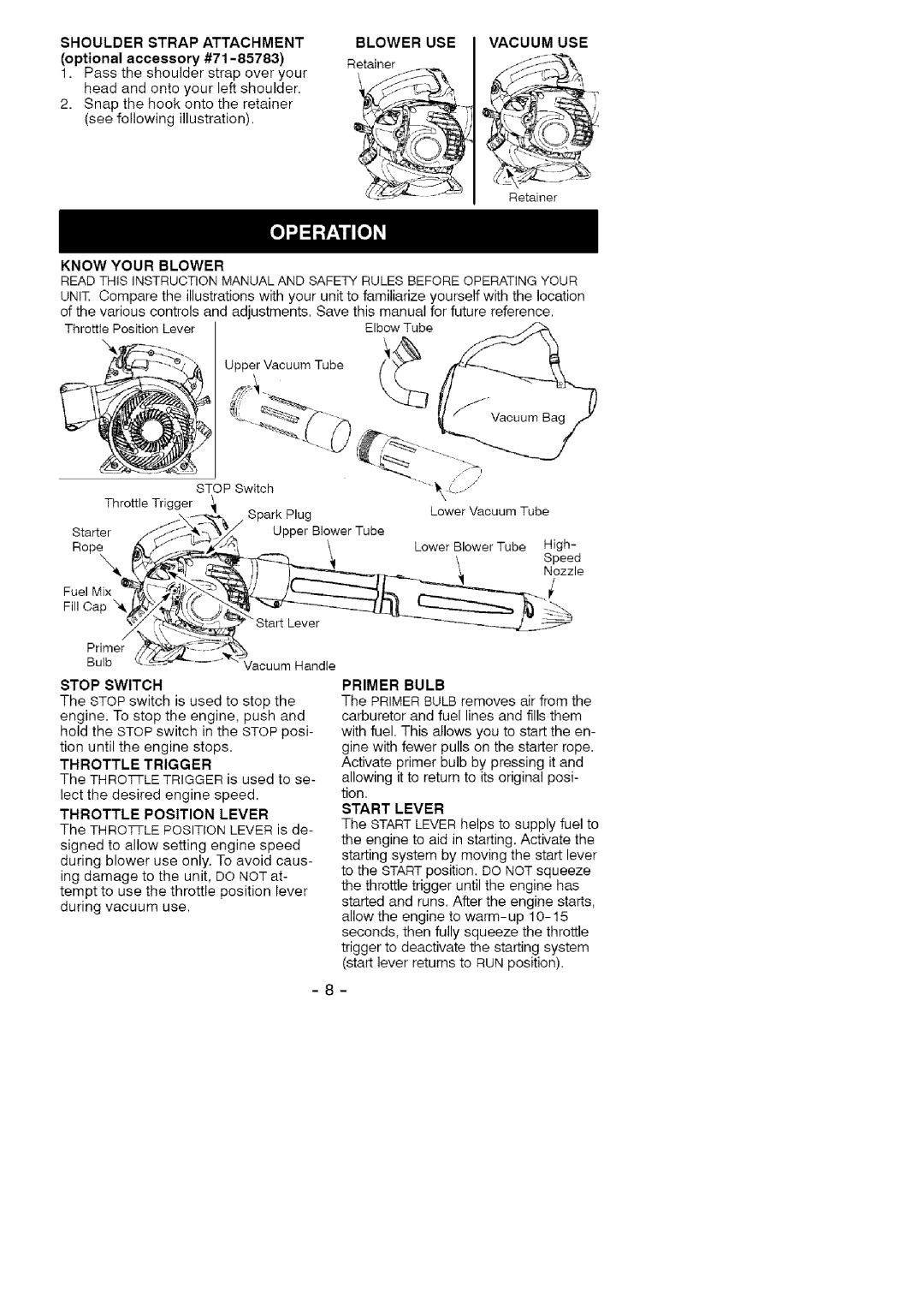 Craftsman 358.79476 Blower Use I Vacuum Use, Know Your Blower, Throttle Trigger, Throttle Position Lever, Primer Bulb 