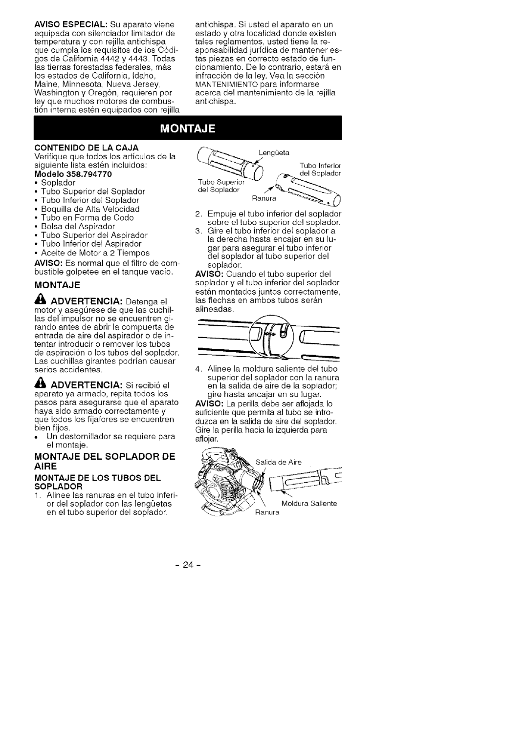 Craftsman 358.79477 manual Contenido DE LA Caja, Modelo, Montaje, Advertenoia 