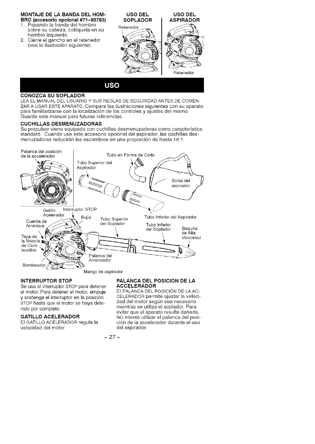 Craftsman 358.79477 Montaje DE LA Banda DEL HOM USO DEL, Soplador Aspirador, Conozca SU Soplador, Cuchillas Desmenuzadoras 