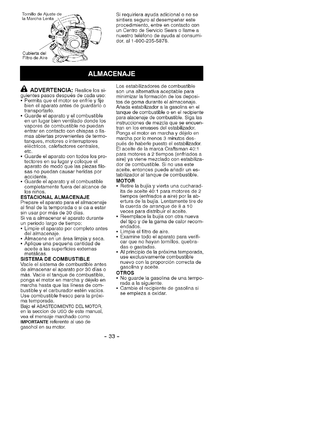 Craftsman 358.79477 manual Guarde el aparato y el combustible, Motor, Estacional Almacenaje, Sistema DE Combustible, Otros 