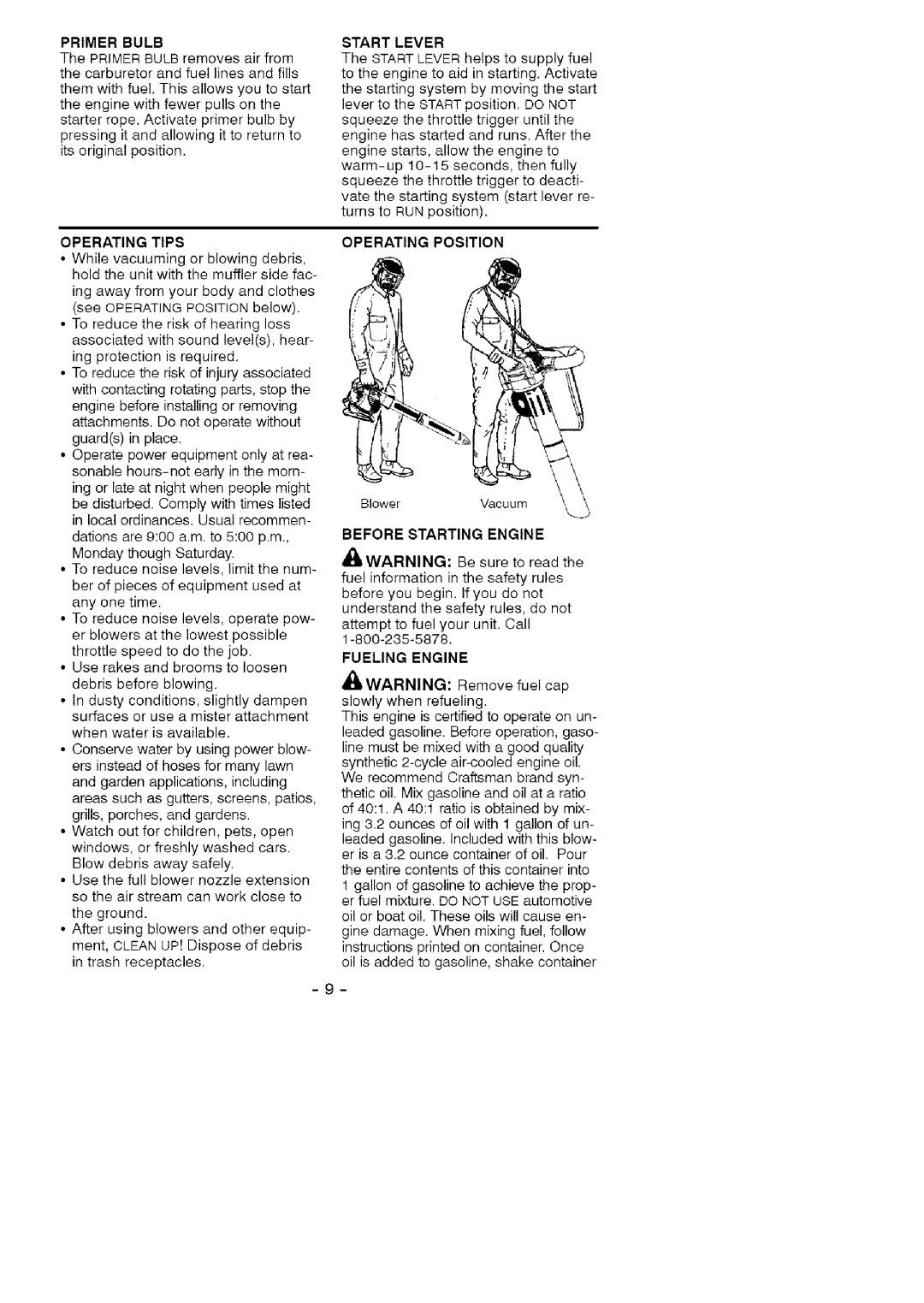 Craftsman 358.79477 manual Primer Bulb, Start Lever, Before Starting Engine 