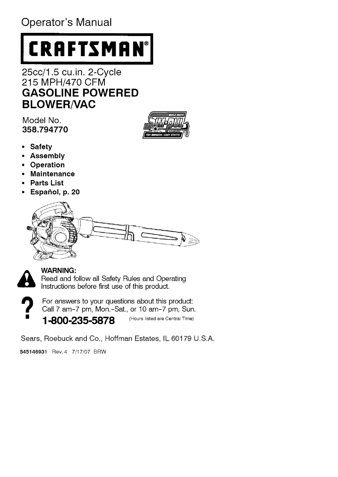 Craftsman 358.79477 manual I Crrftsmrni, Operators Manual, Gasoline Powered Blowernac, Model No, Parts List Espar ol, p 