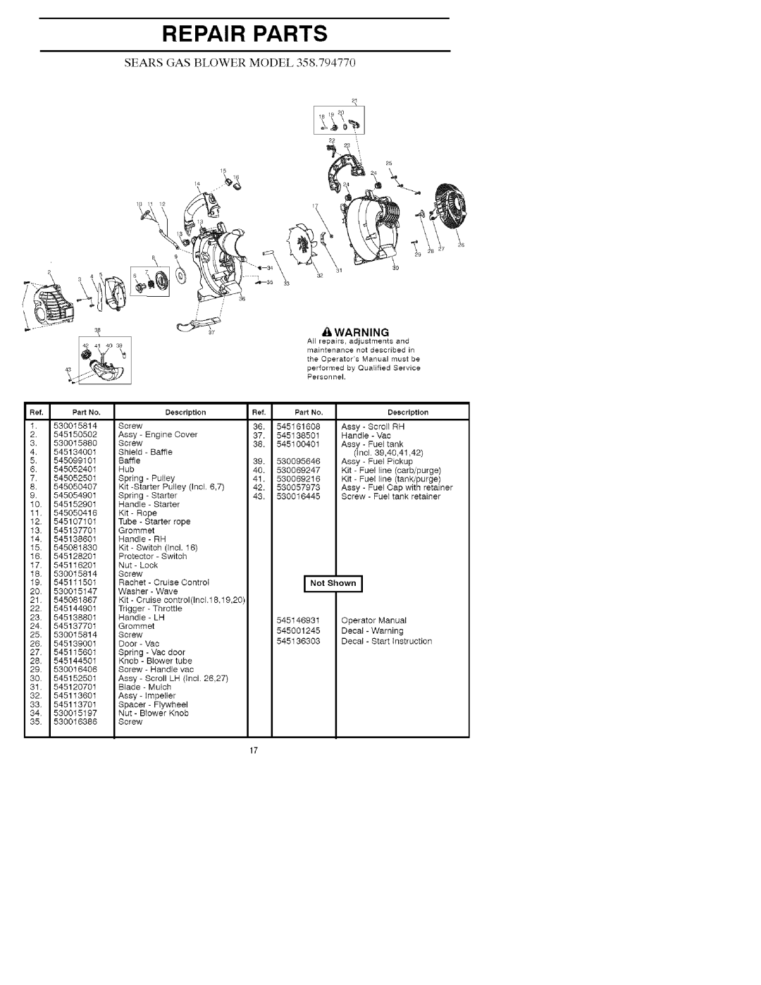 Craftsman 358.79477 manual Repair Parts, Sears Gas Blower Model 