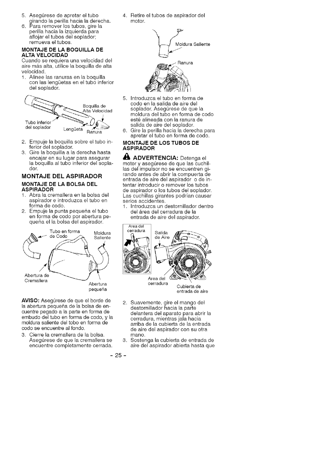 Craftsman 358.79477 manual Montaje De La Boquilla De Alta Velocidad, Montaje De La Bolsa Del Aspirador 