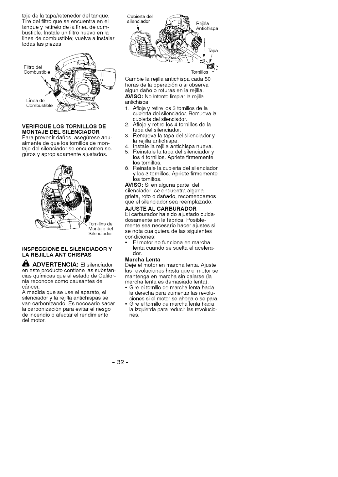 Craftsman 358.79477 manual Verifique Los Tornillos De, Montaje Del Silenciador, Inspeccione El Silenciador Y, Marcha Lenta 