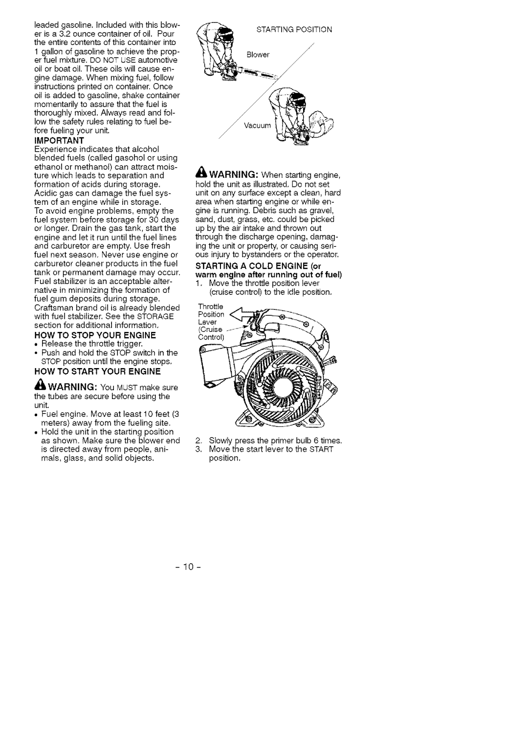 Craftsman 358.794772 manual HOW to Stop Your Engine, HOW to Start Your Engine, Starting Position 