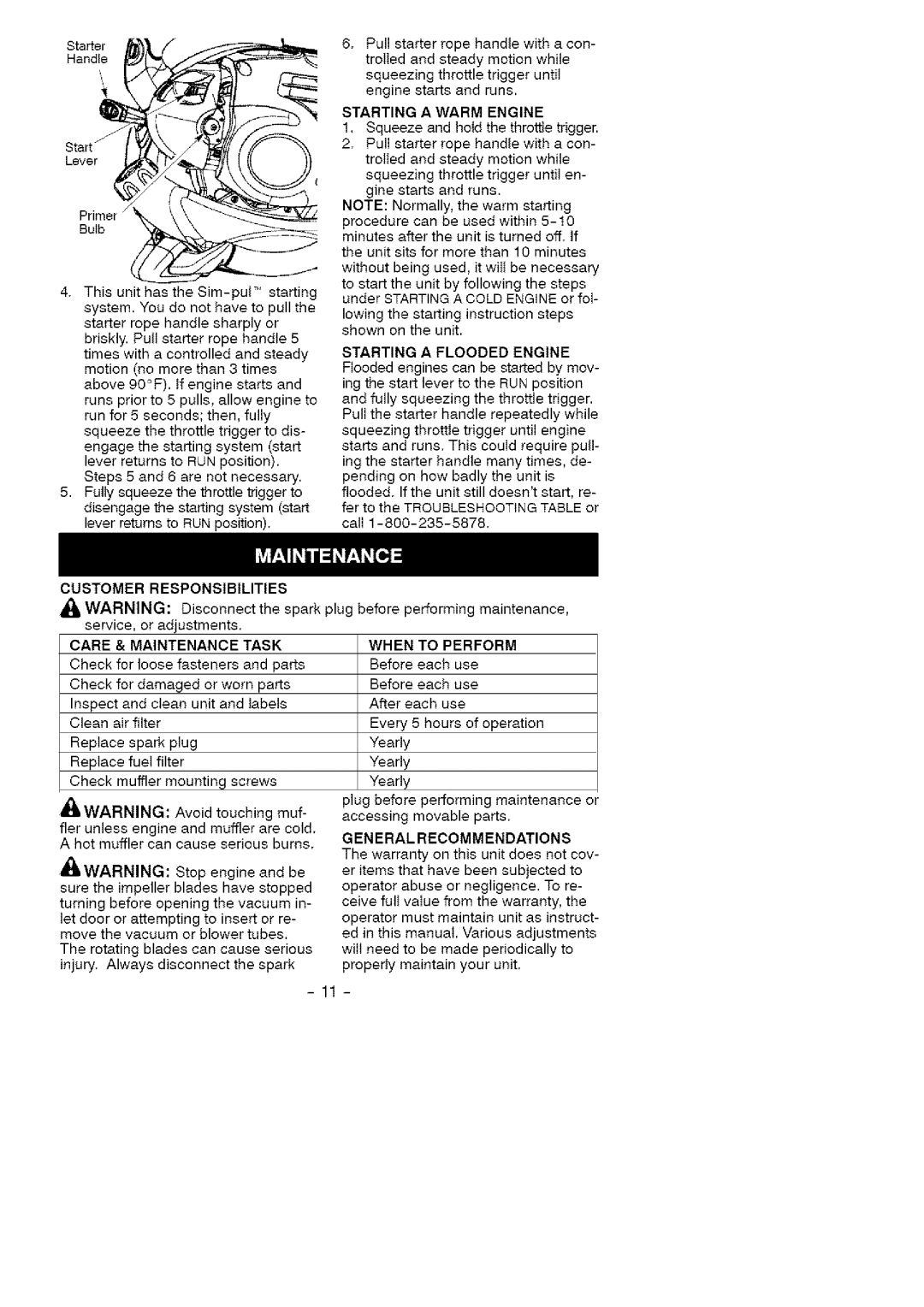 Craftsman 358.794772 manual Starting, Flooded Engine, Care & Maintenance Task 