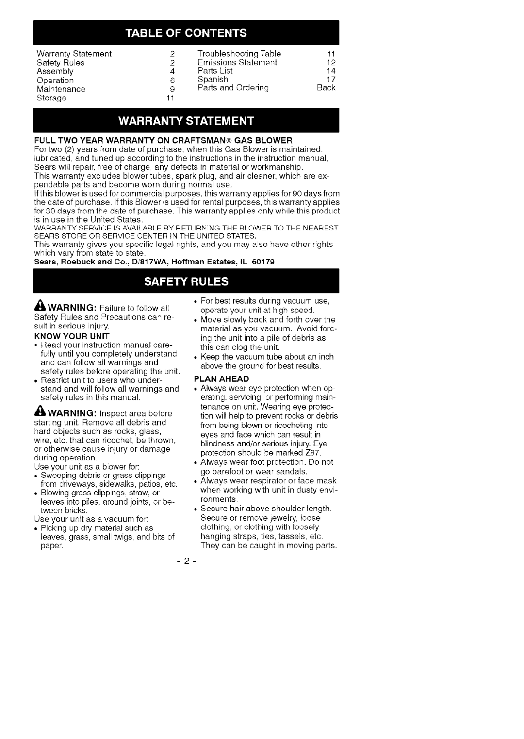 Craftsman 358.794941 Full TWO Year Warranty on Craftsman GAS Blower, Sears, Roebuck and Co., D/817WA, Hoffman Estates, IL 