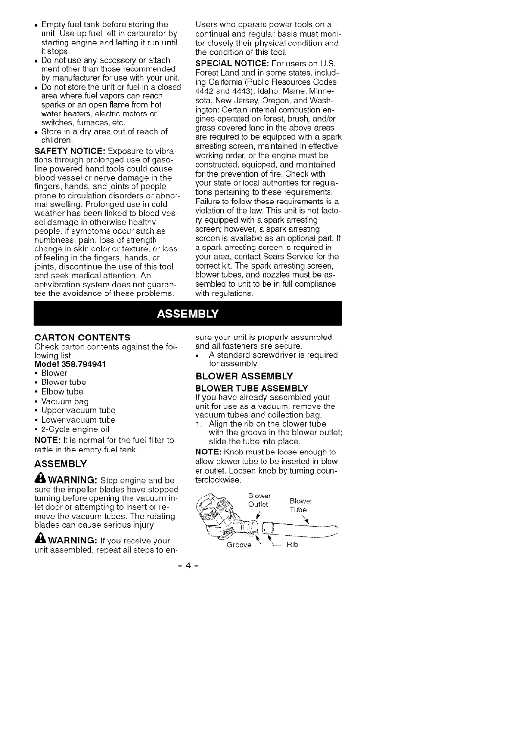 Craftsman 358.794941 instruction manual Carton Contents, Blower Assembly Blower Tube Assembly 