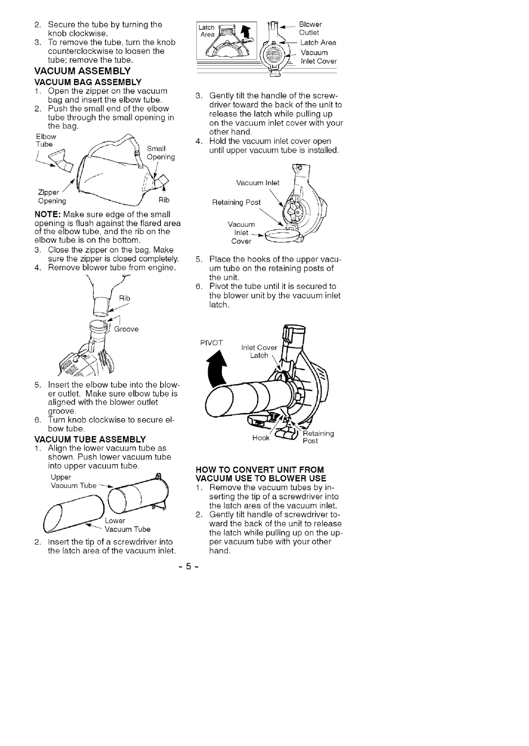 Craftsman 358.794941 Vacuum Assembly Vacuum BAG Assembly, Small Opening, Turn knob clockwise to secure el- bow tube 