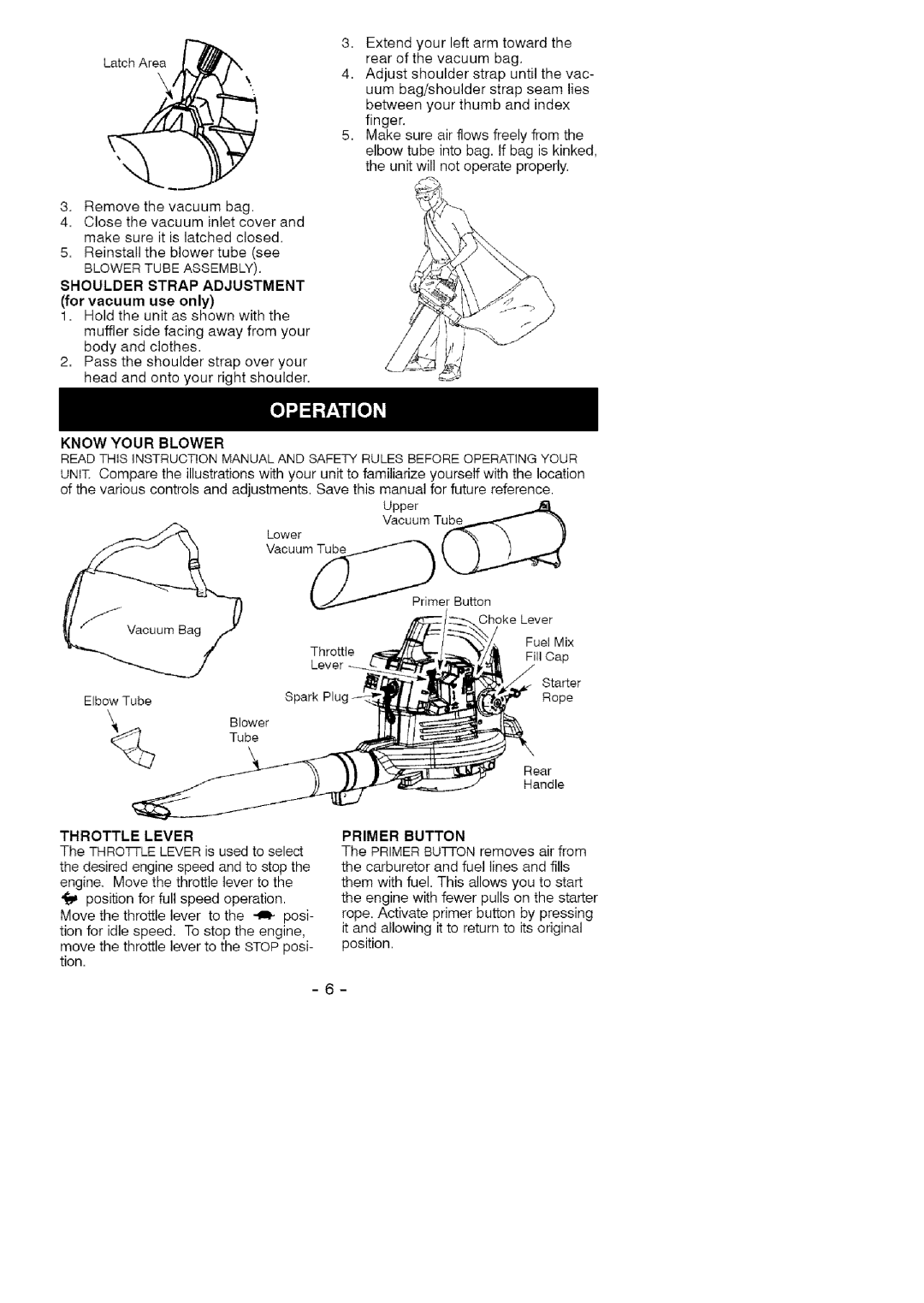 Craftsman 358.794941 instruction manual Shoulder Strap Adjustment for vacuum use only, Throttle Lever, Primer Button 