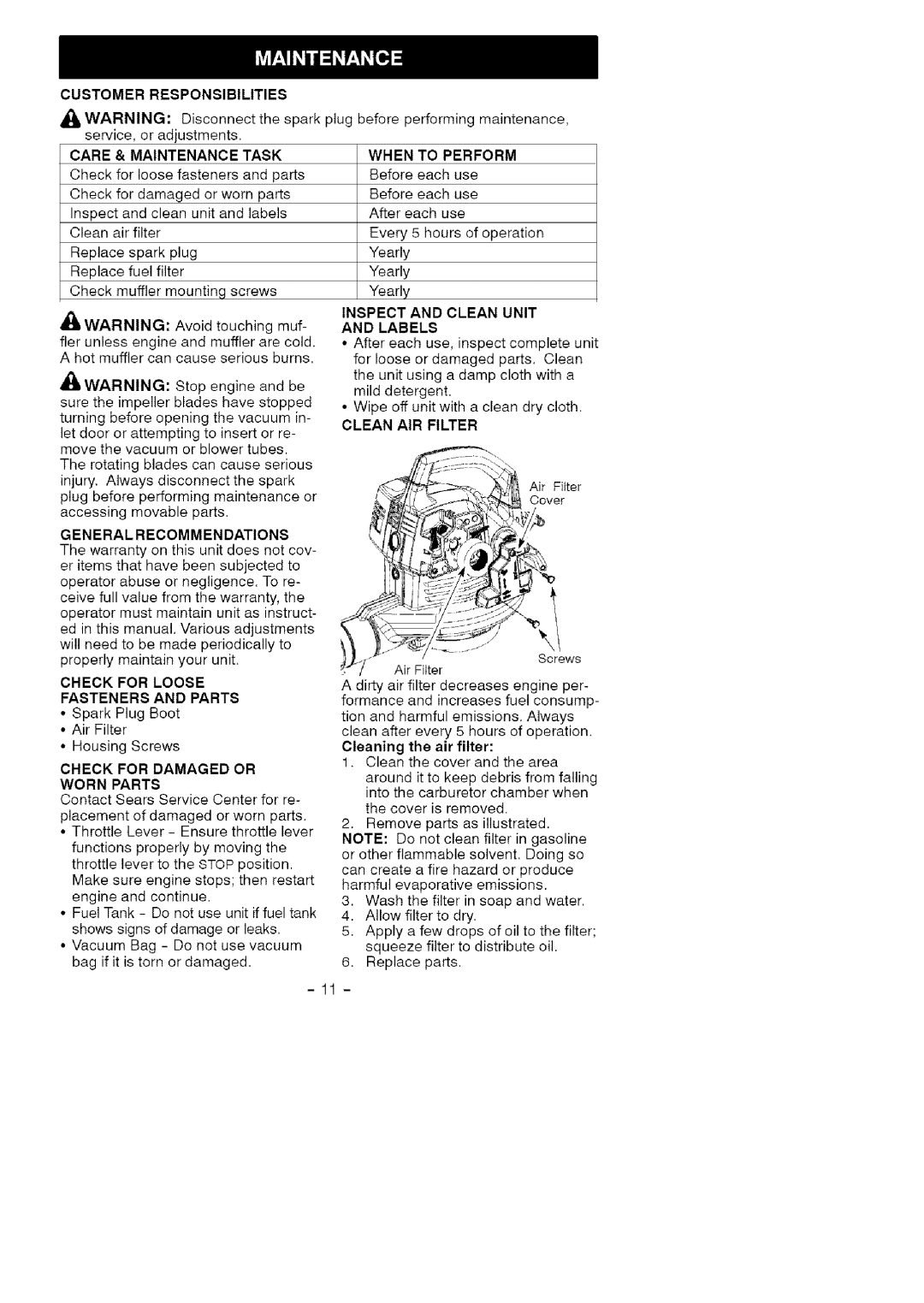 Craftsman 358.794964 manual Customer Responsibilities, Care & Maintenance Task, Cleaning the air filter 