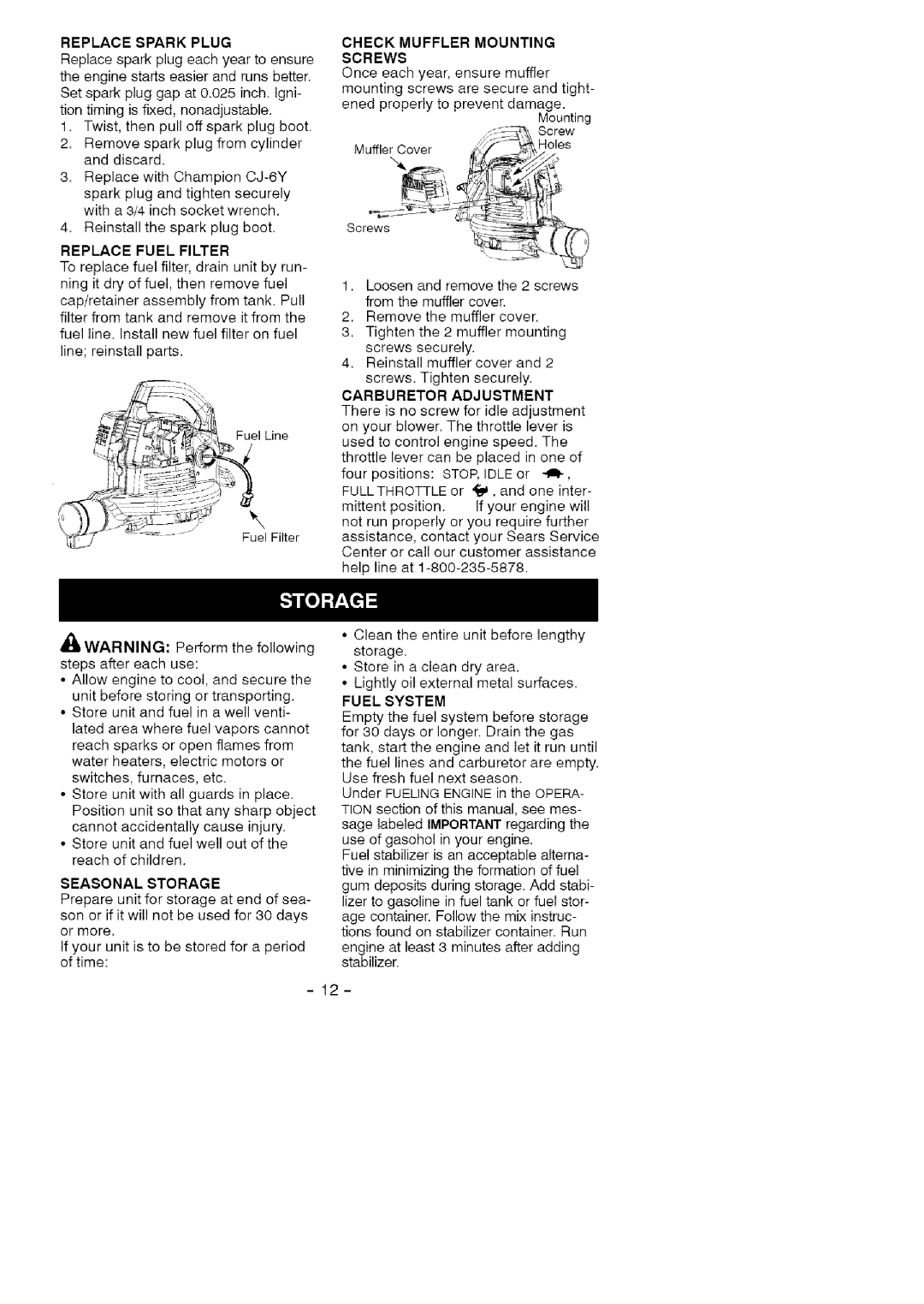 Craftsman 358.794964 manual Carburetor Adjustment, Fuel System 