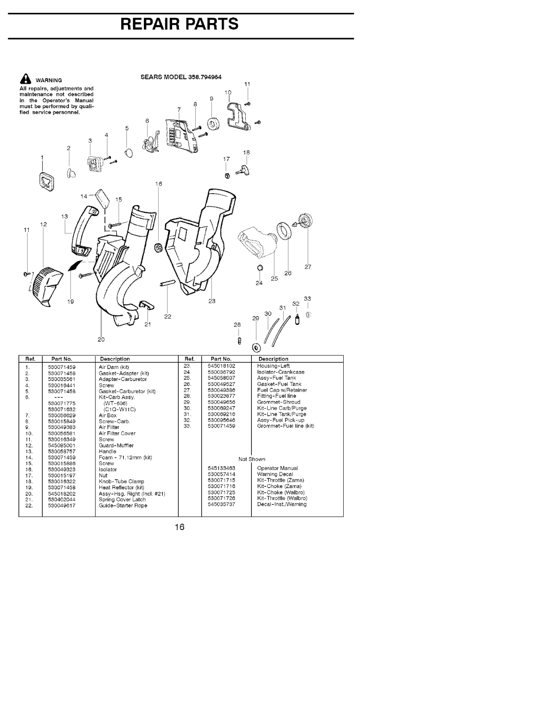 Craftsman 358.794964 manual Repair Parts 