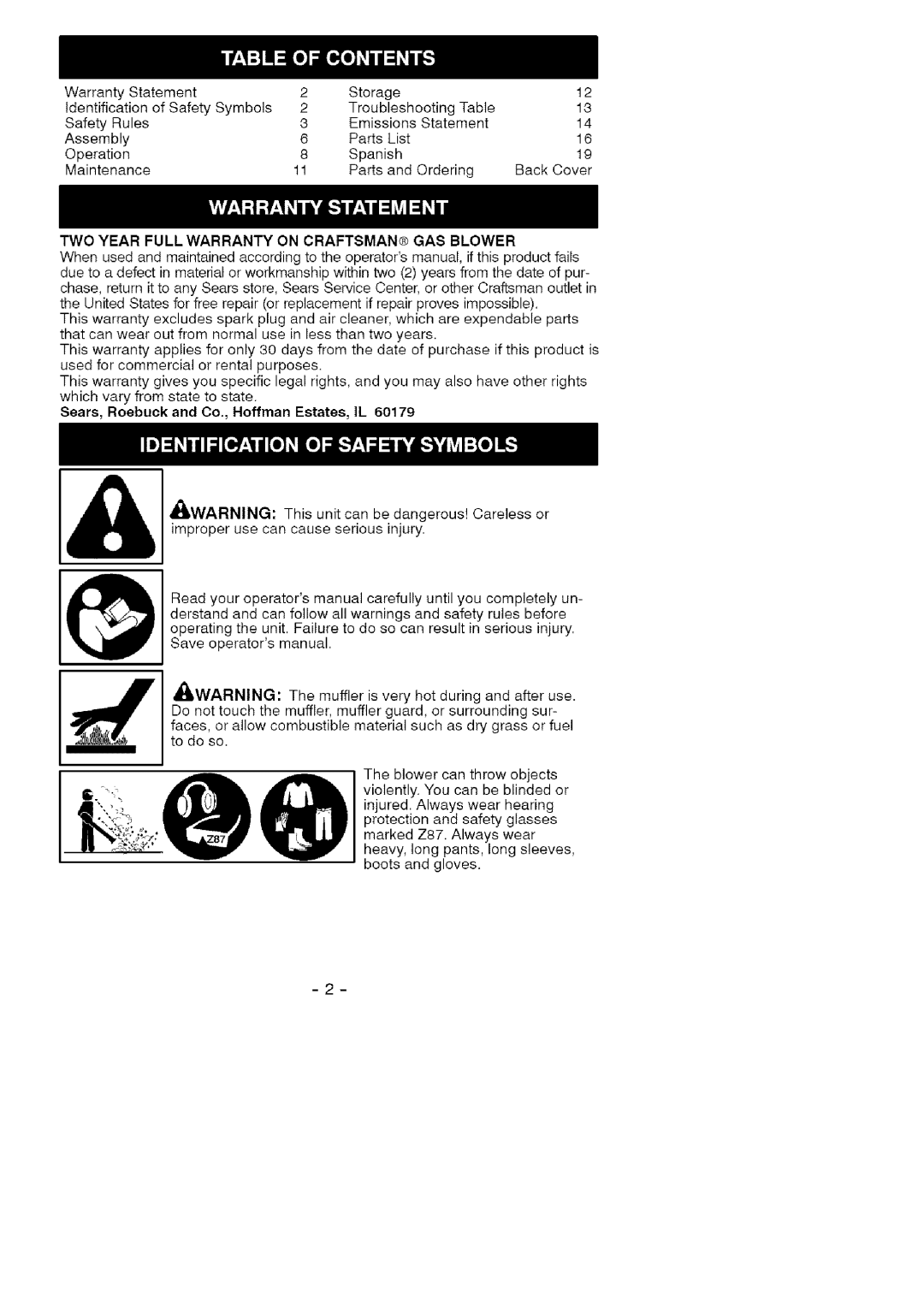 Craftsman 358.794964 manual TWO Year Full Warranty on CRAFTSMAN@ GAS Blower 