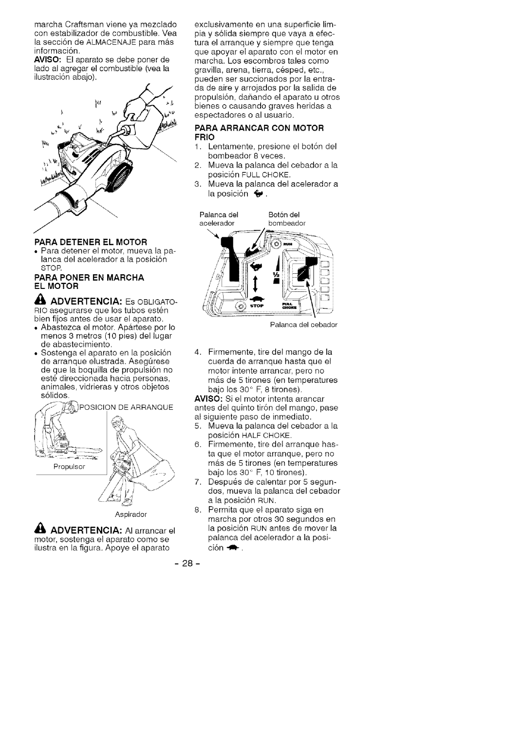 Craftsman 358.794964 manual Para Detener EL Motor, Para Poner EN Marcha EL Motor, Para Arrancar CON Motor Frio 