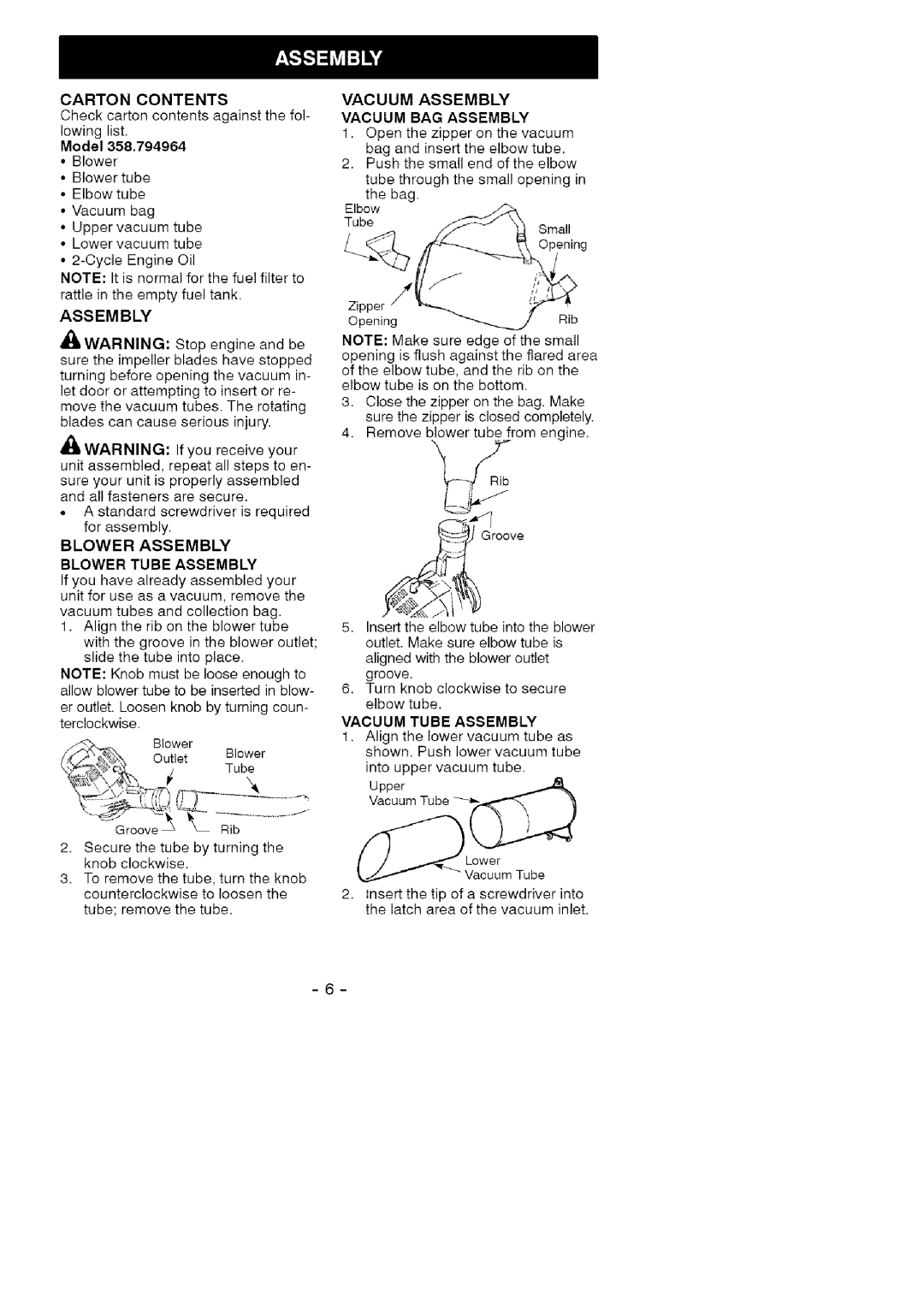 Craftsman 358.794964 manual Carton Contents, Blower Assembly Blower Tube Assembly, Vacuum Assembly Vacuum BAG Assembly 