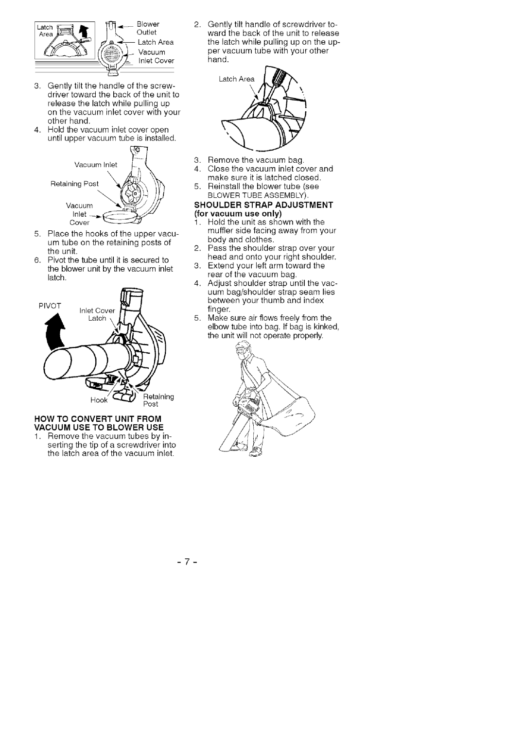 Craftsman 358.794964 manual Blower Tube Assembly, Shoulder Strap Adjustment for vacuum use only 