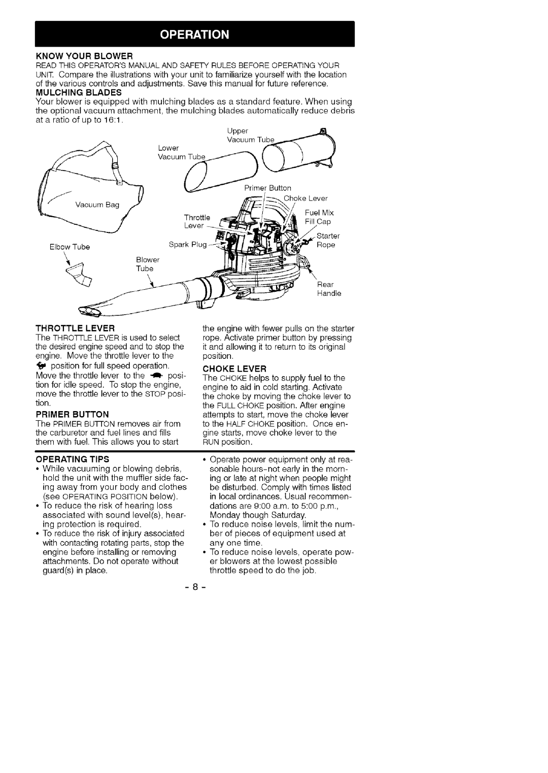 Craftsman 358.794964 manual Mulching Blades, Throttle Lever, Primer Button, Operating Tips, Choke Lever 