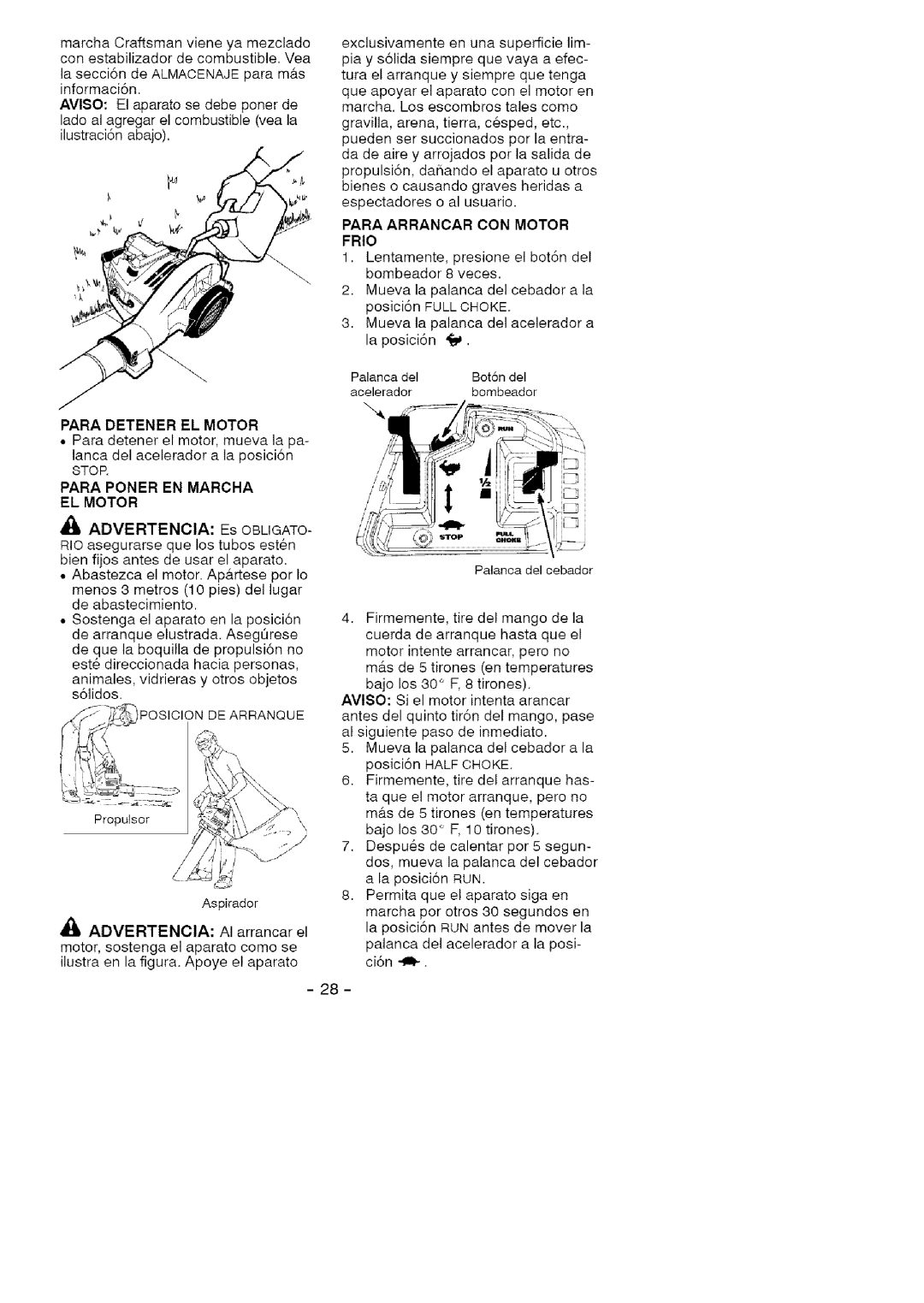 Craftsman 358.794964 manual Para Detener El Motor, Para Poner En Marcha El Motor, Para Arrancar Con Motor Frio 