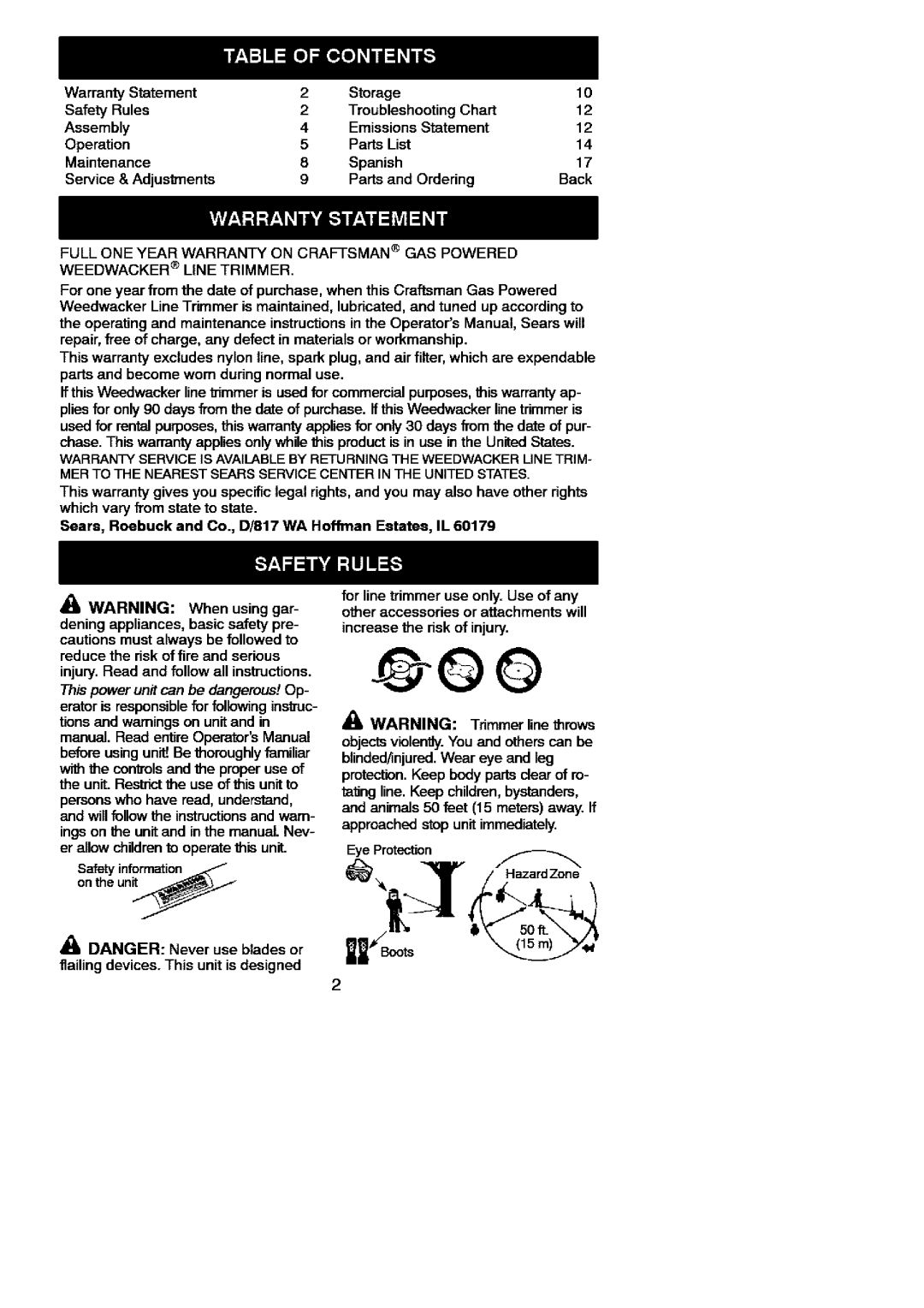 Craftsman 358.7951 manual Troubleshooting Chart, Trimmer line throws, Flailing devices. This unit is designed 