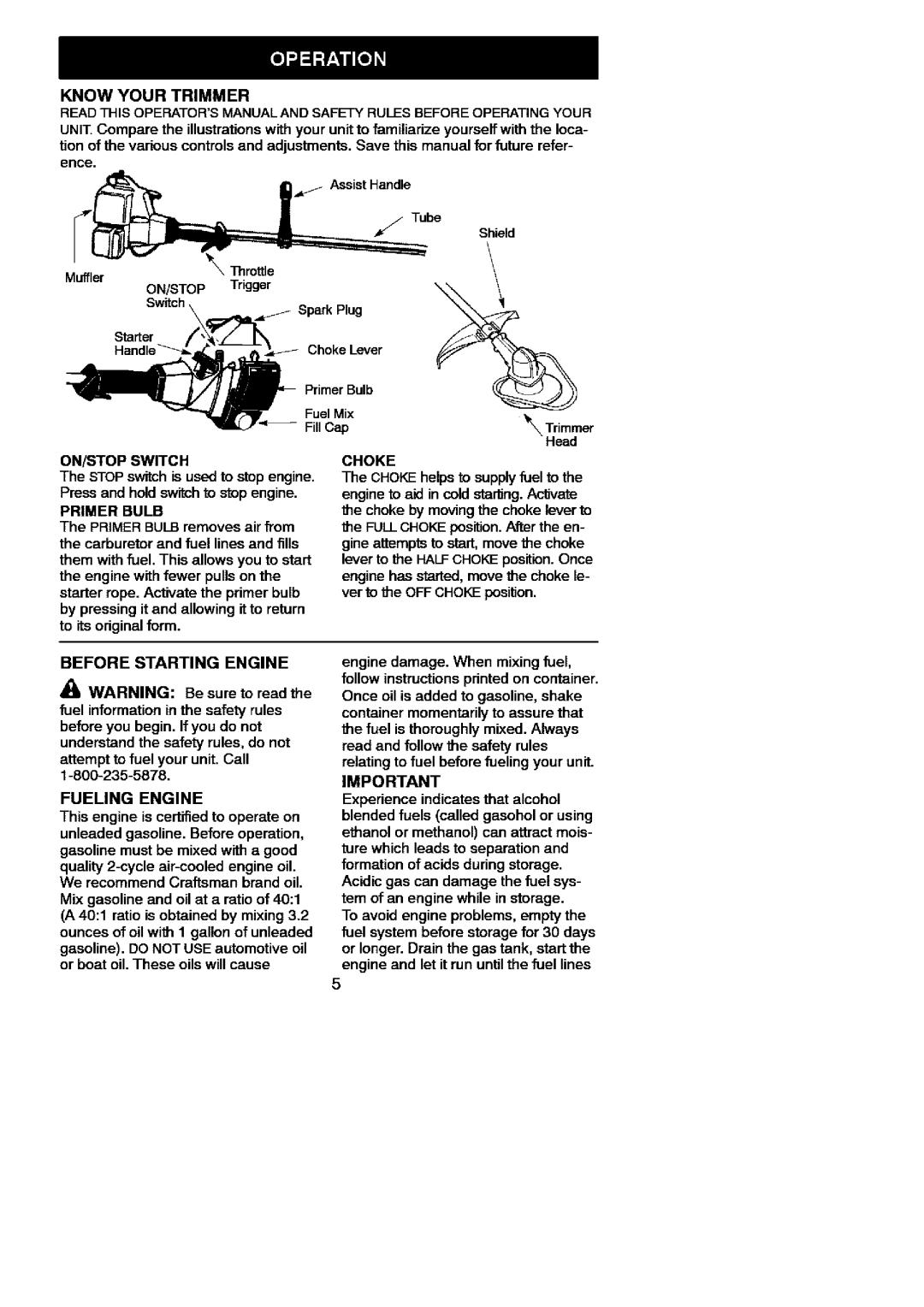 Craftsman 358.7951 manual Before Starting Engine, ON/STOP Switch, Primer Bulb, Choke, Fueling Engine 