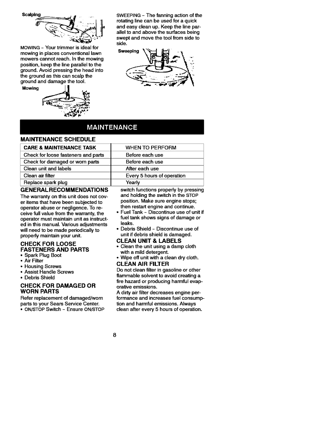 Craftsman 358.7951 manual Maintenance Schedule, Check for Loose Fasteners and Parts, Check for Damaged or Worn Parts 