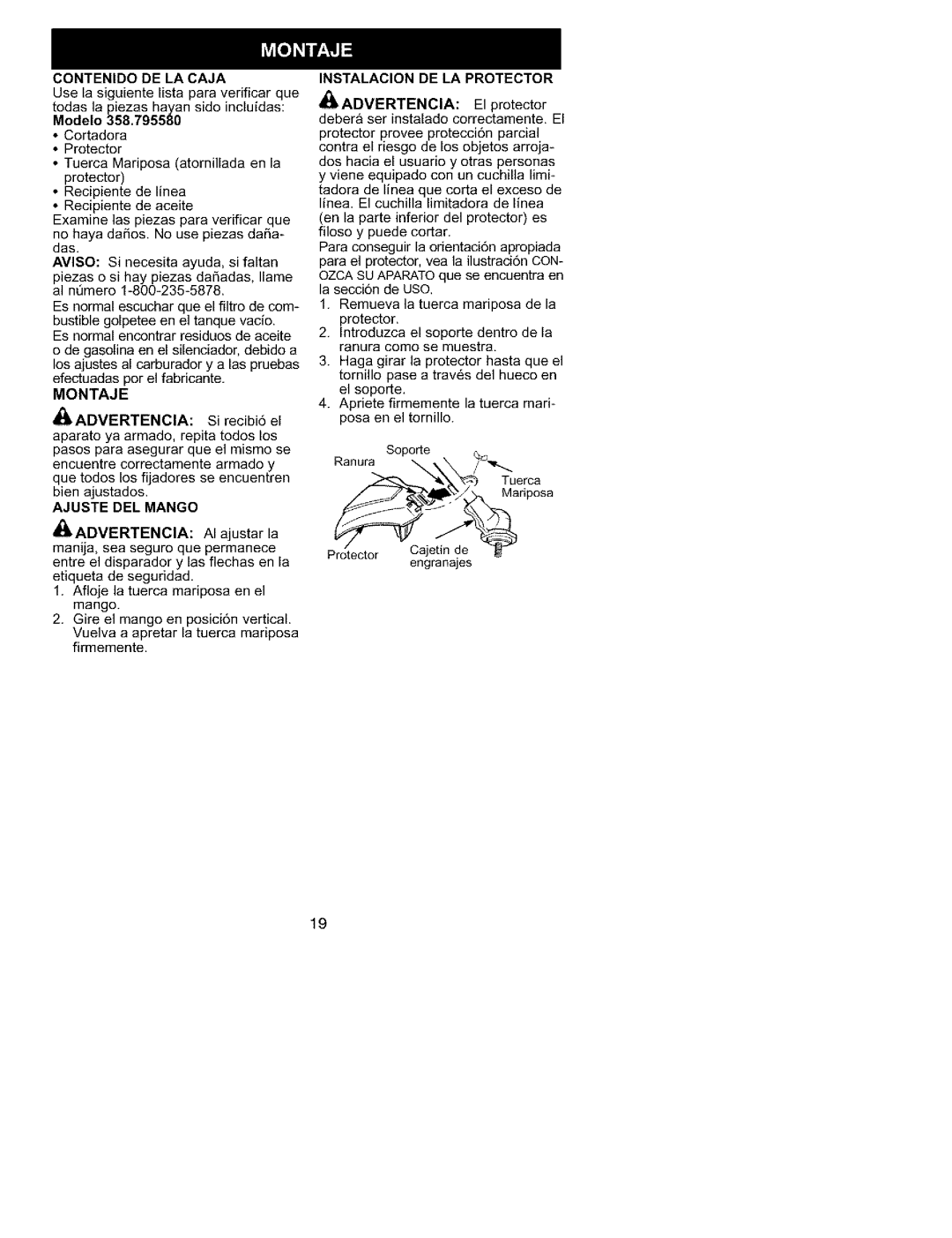Craftsman 358.79558 Contenido DE LA Caja, Modelo, Montaje, Ajuste DEL Mango Iadvertencia, Instalacion DE LA Protector 