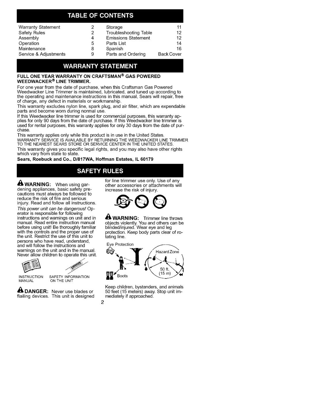 Craftsman 358.79558 Sears, Roebuck and Co., D/817WA, Hoffman Estates, IL, This power unit can be dangerous! Op 