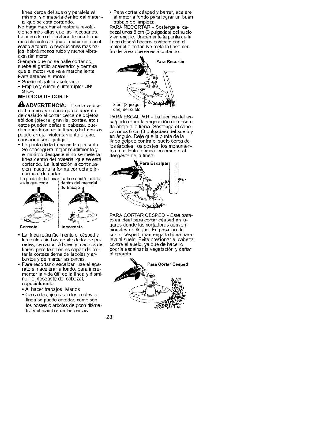 Craftsman 358.79558 instruction manual Nohagamarcharelmotora revolu, Metodos DE Corte II!IADVERTENCIA 