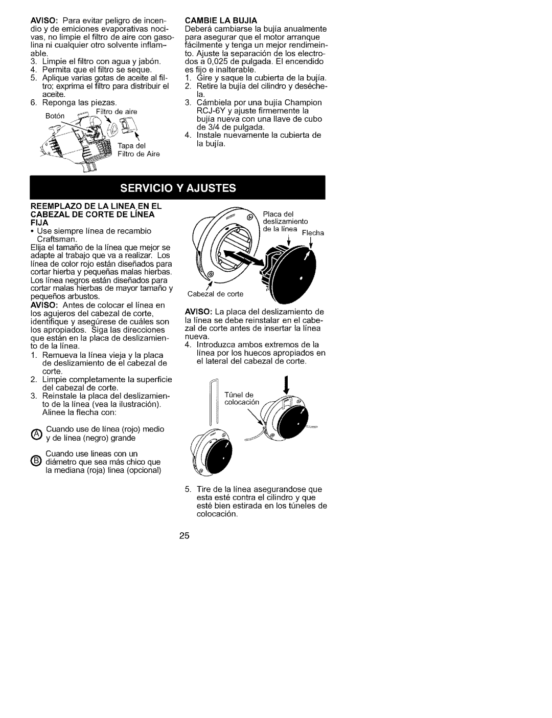 Craftsman 358.79558 instruction manual Cambie LA Bujia, Reemplazo DE LA Linea EN EL Cabezal DE Corte DE LiNEA, Fija 