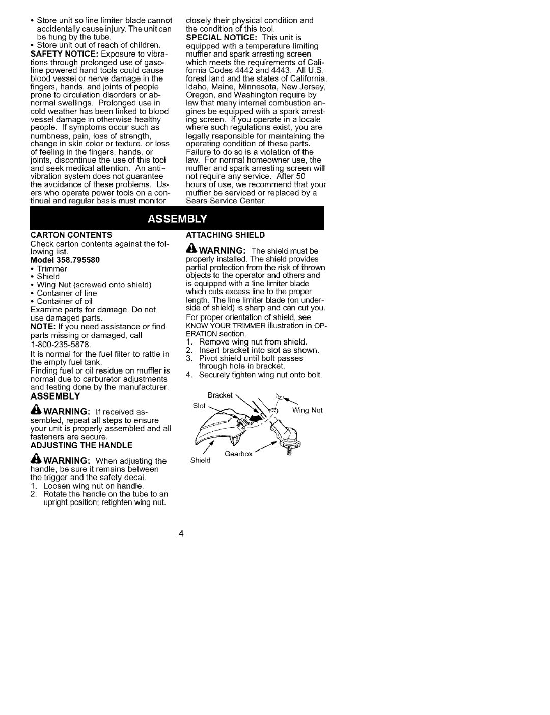 Craftsman 358.79558 instruction manual Carton Contents, Assembly, Adjusting the Handle, Attaching Shield 