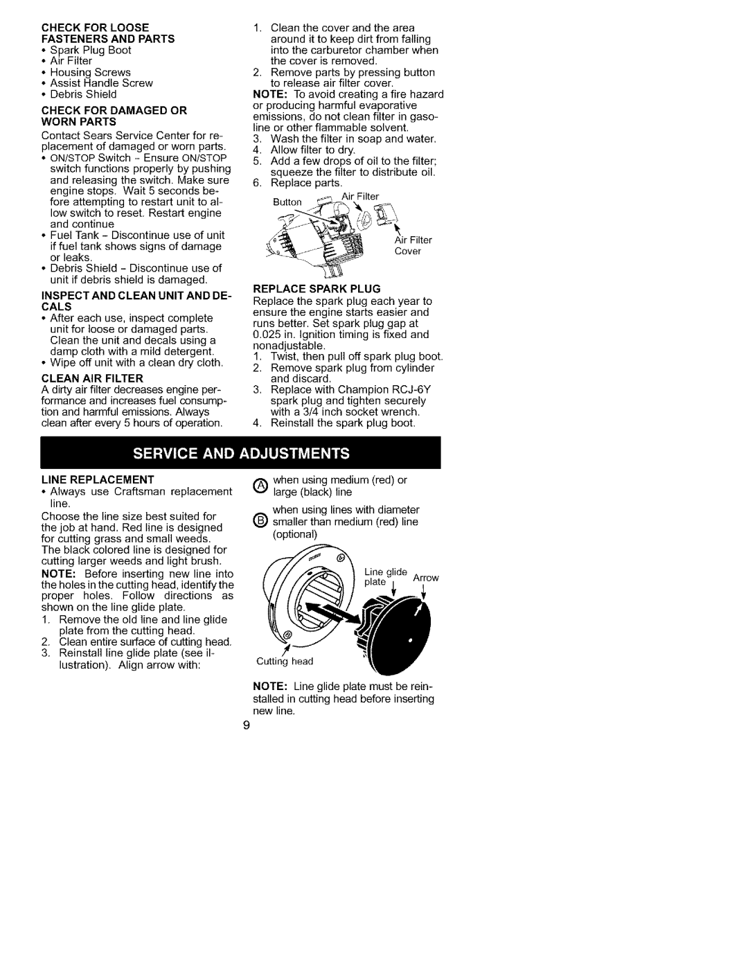 Craftsman 358.79558 Check for Loose Fasteners and Parts, Check for Damaged or Worn Parts, Line Replacement 