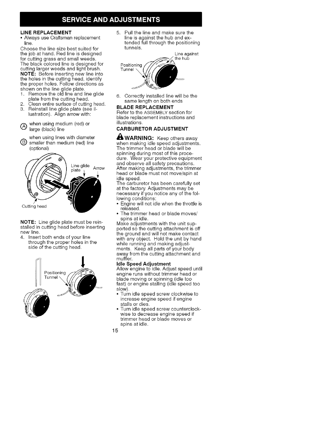 Craftsman 358.7958 manual Line Replacement, Blade Replacement, Carburetor Adjustment, Idle Speed Adjustment 